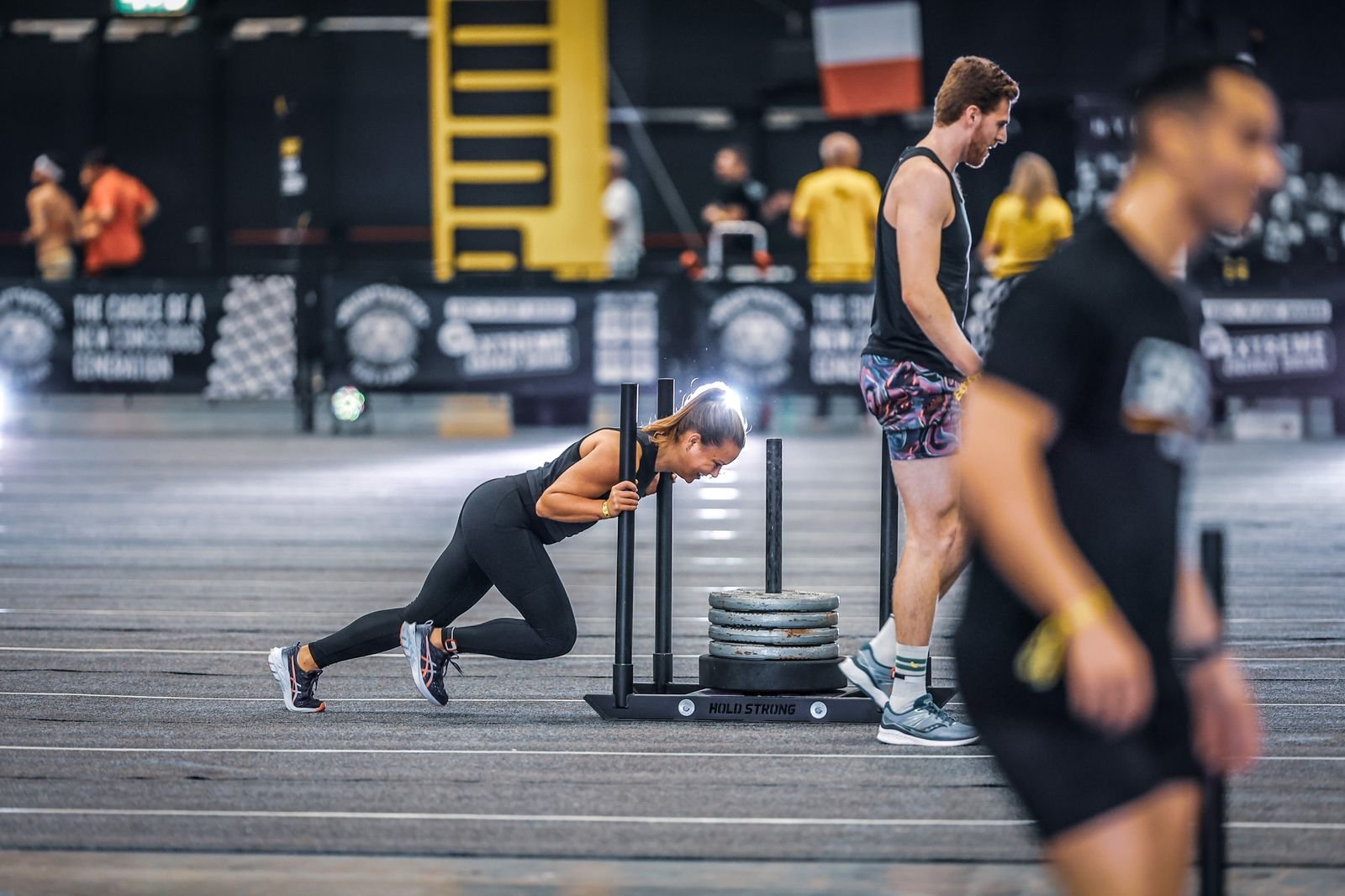Athlete on the sled push during a race